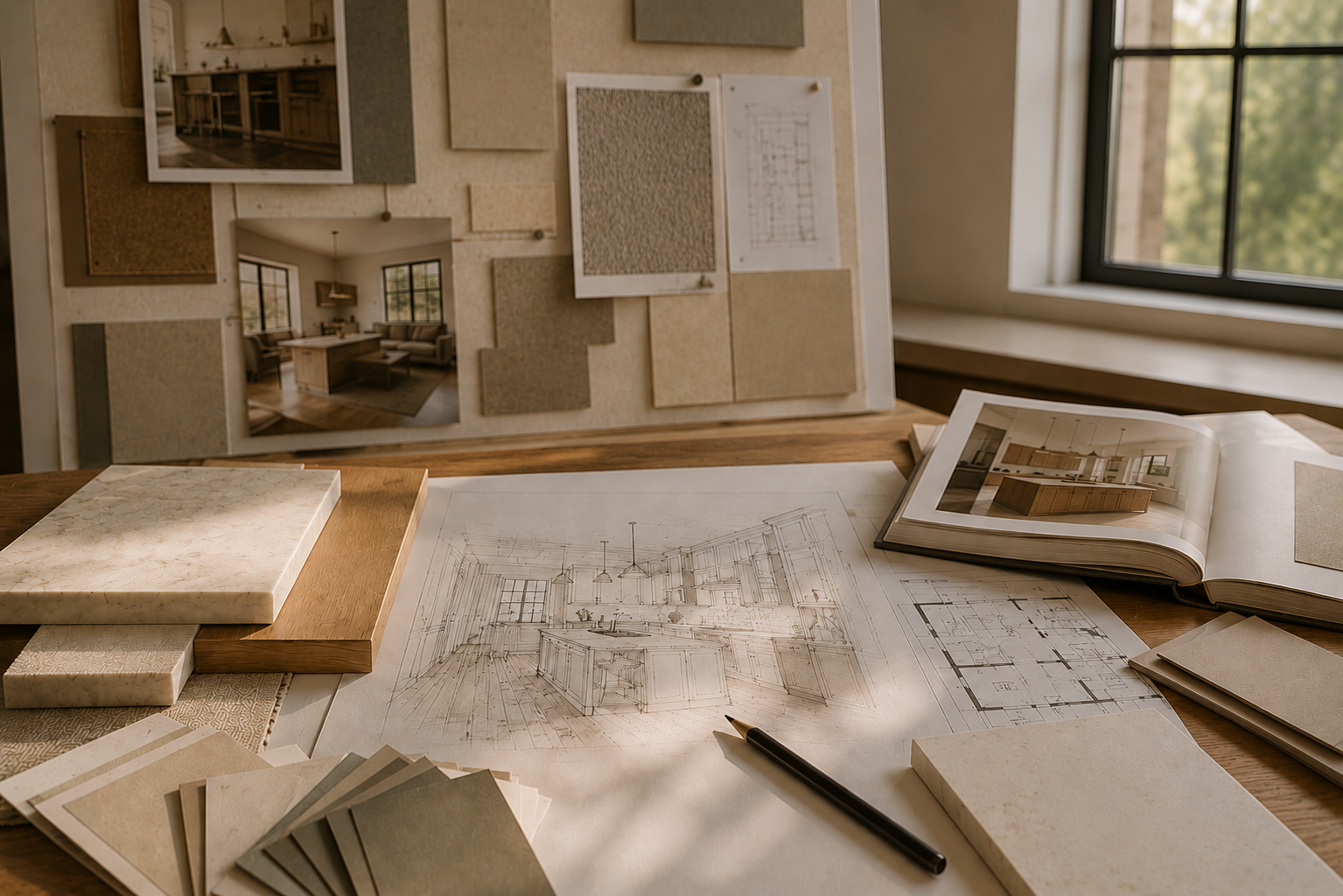 Interior design mood board with fabric swatches and architectural sketches