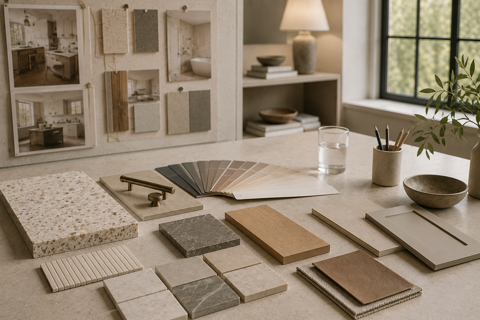 Close-up of premium material selections including marble and hardwood