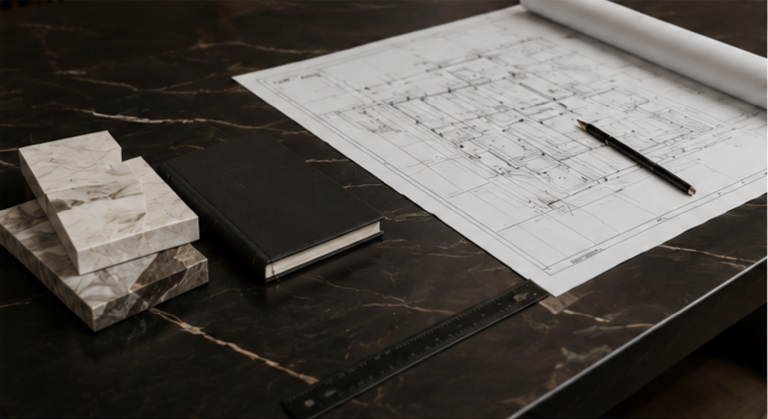 Architectural blueprints spread out with marble samples and drafting tools