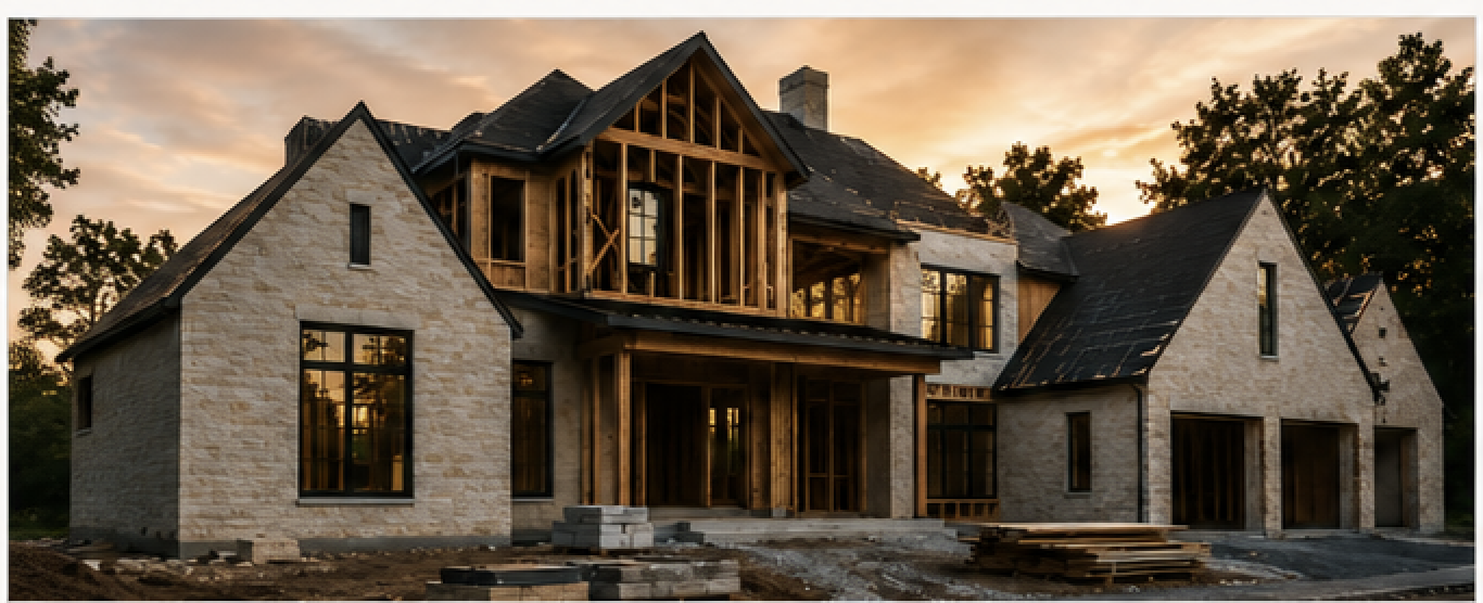 New residential home under construction at sunset