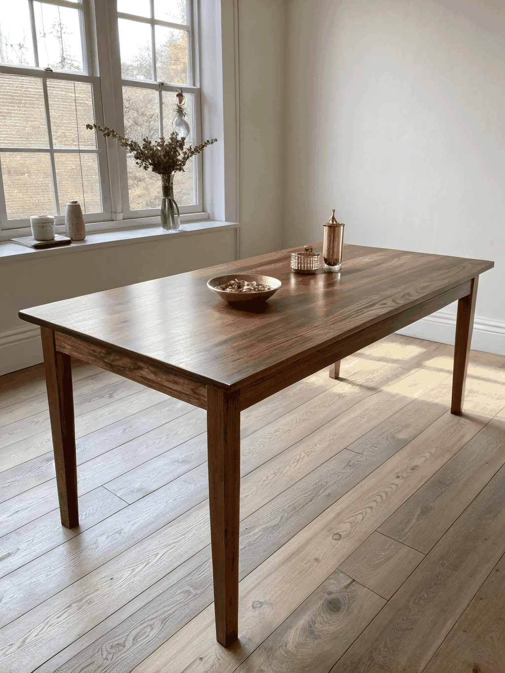 Material palette featuring brass, walnut, and linen textures